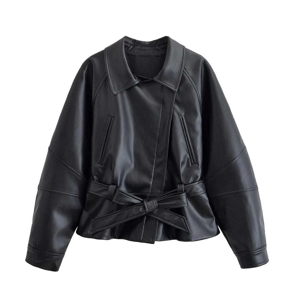 Women Black Faux Leather Trench Coat Belted Long Sleeve Lapel Motorcycle Style Jacket