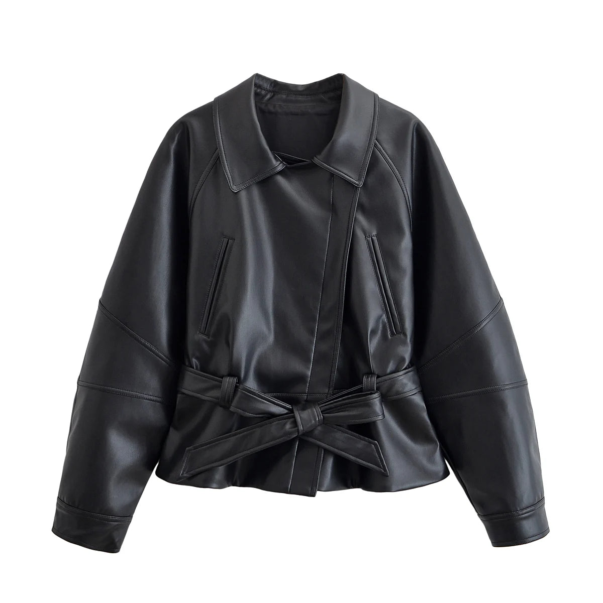 Women Black Faux Leather Trench Coat Belted Long Sleeve Lapel Motorcycle Style Jacket