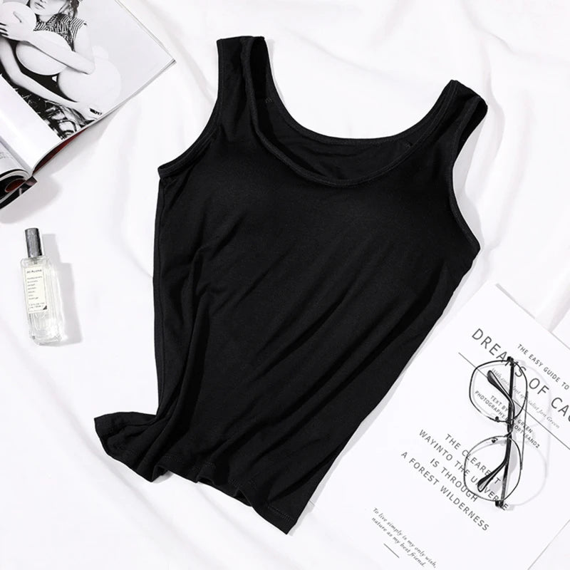 Women’s Padded Tank Top with Built In Bra Slim Fit Solid Color Vest