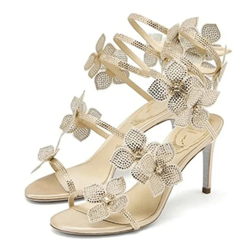 Women Crystal Flower High Heel Sandals Ankle Strap Thin Party Shoes