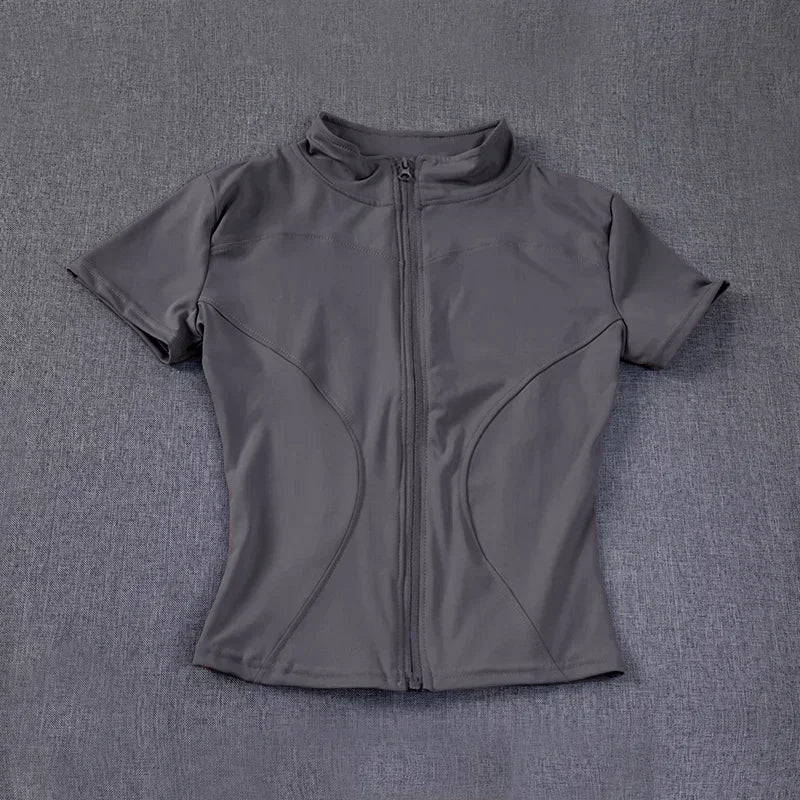 Women’s Slim Fit Full Zip Yoga Shirt Quick Dry Short Sleeve Training Top