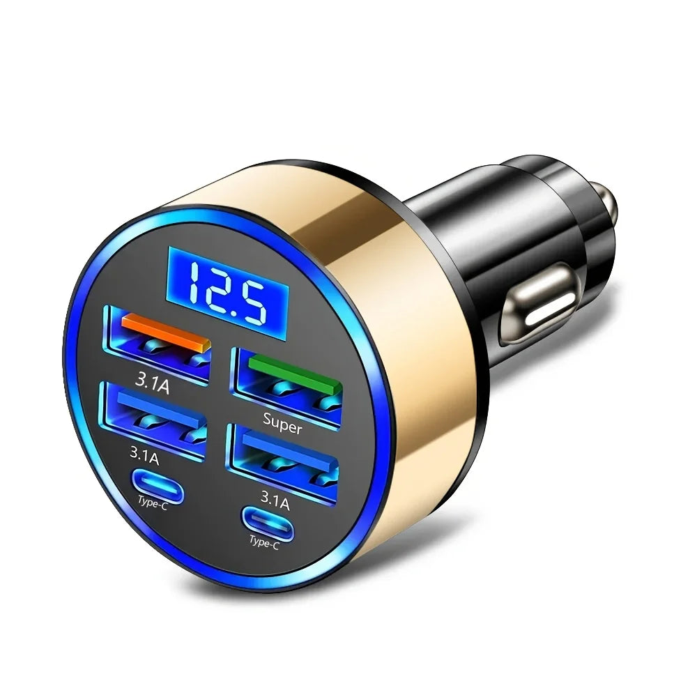 6-in-1 Fast Charging Car Charger – Dual USB & Type-C Ports with LED Voltage Display