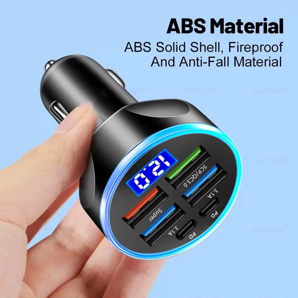 6-Port Fast Car Charger 250W – Multi USB PD & QC3.0 Cigarette Lighter Adapter with LED Display
