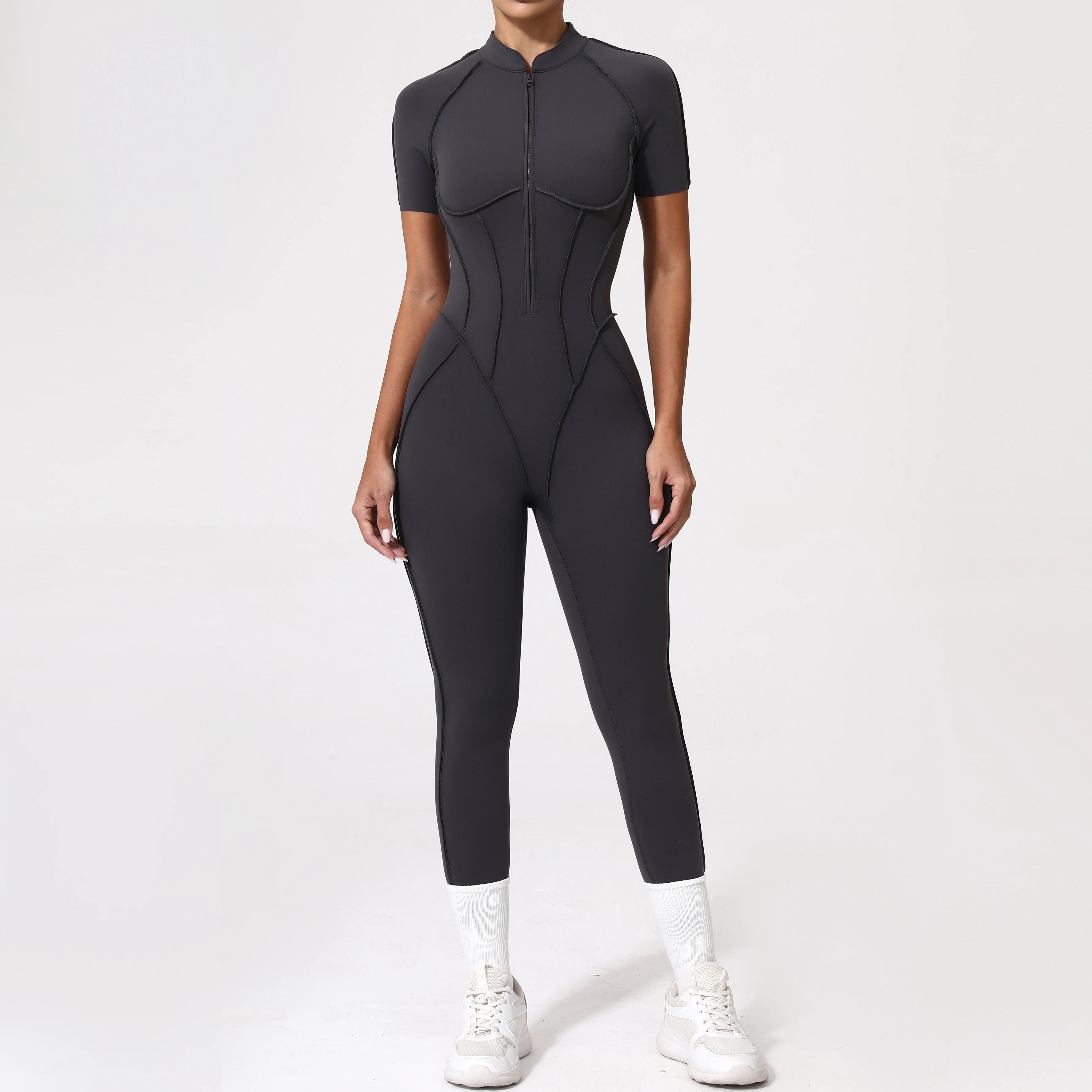 Women Backless Yoga Jumpsuit Zipper Gym Fitness Bodysuit Sportswear