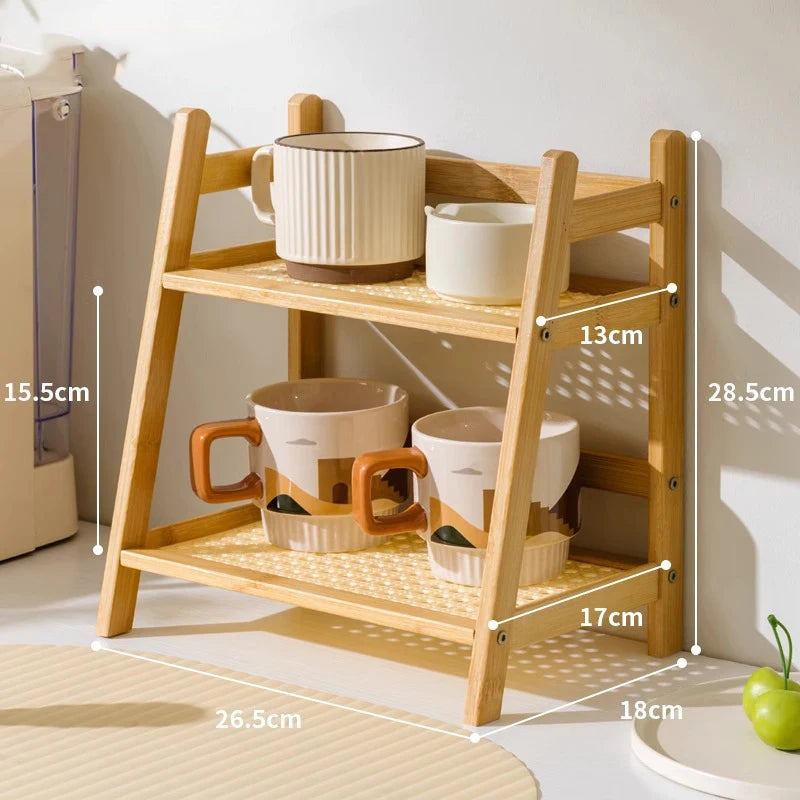 2 Tier Bamboo Countertop Organizer Coffee Cup Holder Multipurpose Storage Shelf