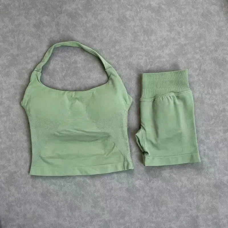 Yoga Set Women Seamless Tank Top High Waist Scrunch Shorts Gym Workout Set