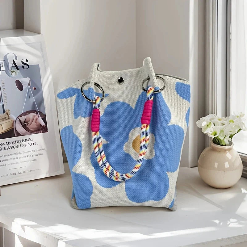 Women Vintage Floral Knit Tote Bag Adjustable Strap