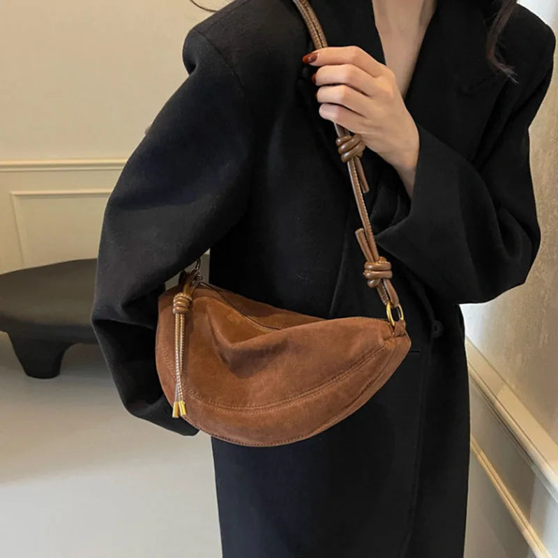 Women Faux Suede Shoulder Bag Underarm Crossbody Dumpling Bag