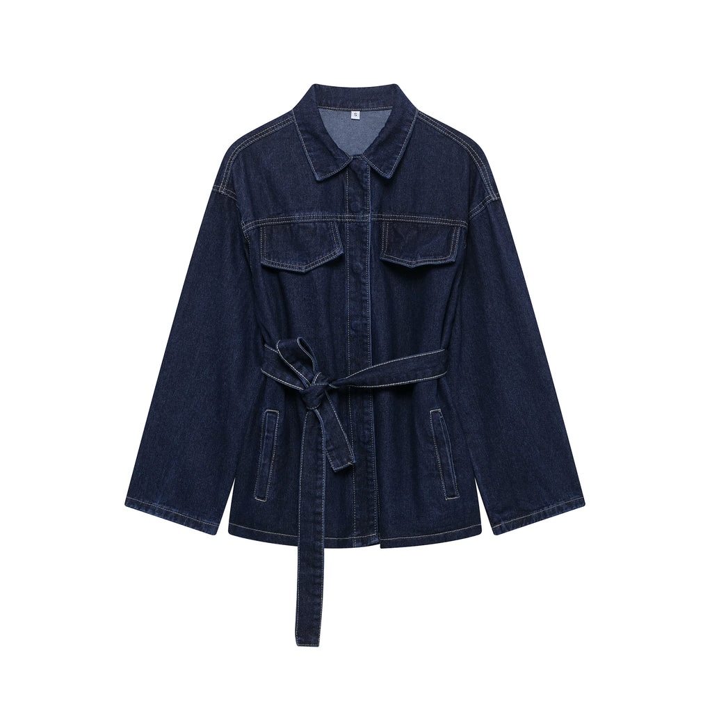 Women Denim Two Piece Set Belted Jacket and Zipper Jeans Outfit