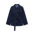 Women Denim Two Piece Set Belted Jacket and Zipper Jeans Outfit