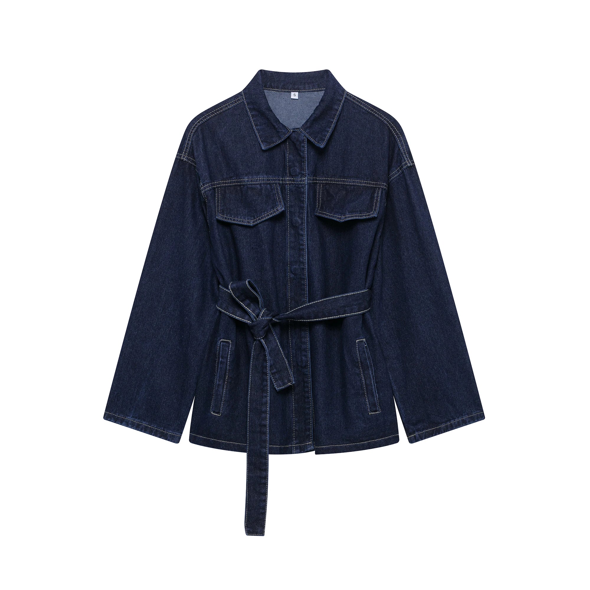 Women Denim Two Piece Set Belted Jacket and Zipper Jeans Outfit