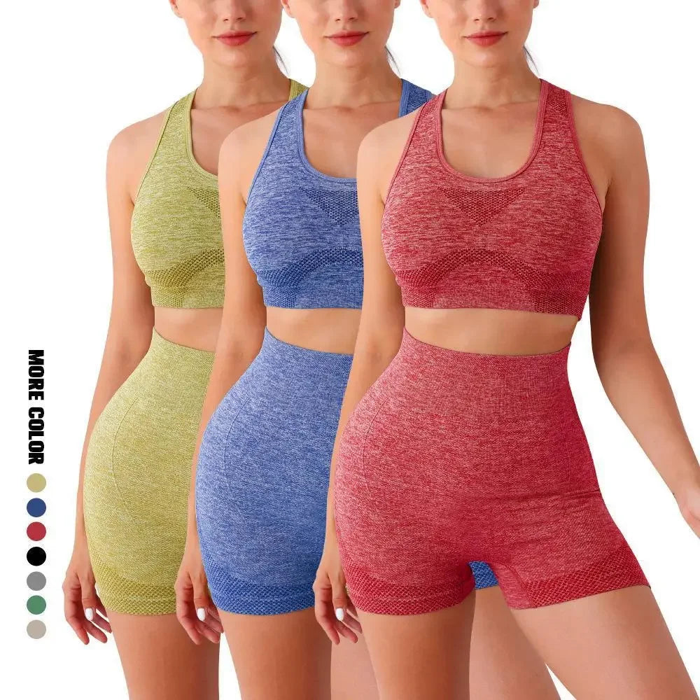 Women Seamless Gym Set Scrunch Butt Shorts High Waist Fitness Workout Outfit