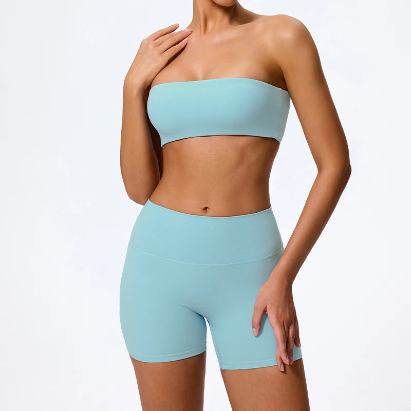 Strapless Gym Set Women Seamless Bandeau Sports Bra High Waist Shorts Workout Outfit