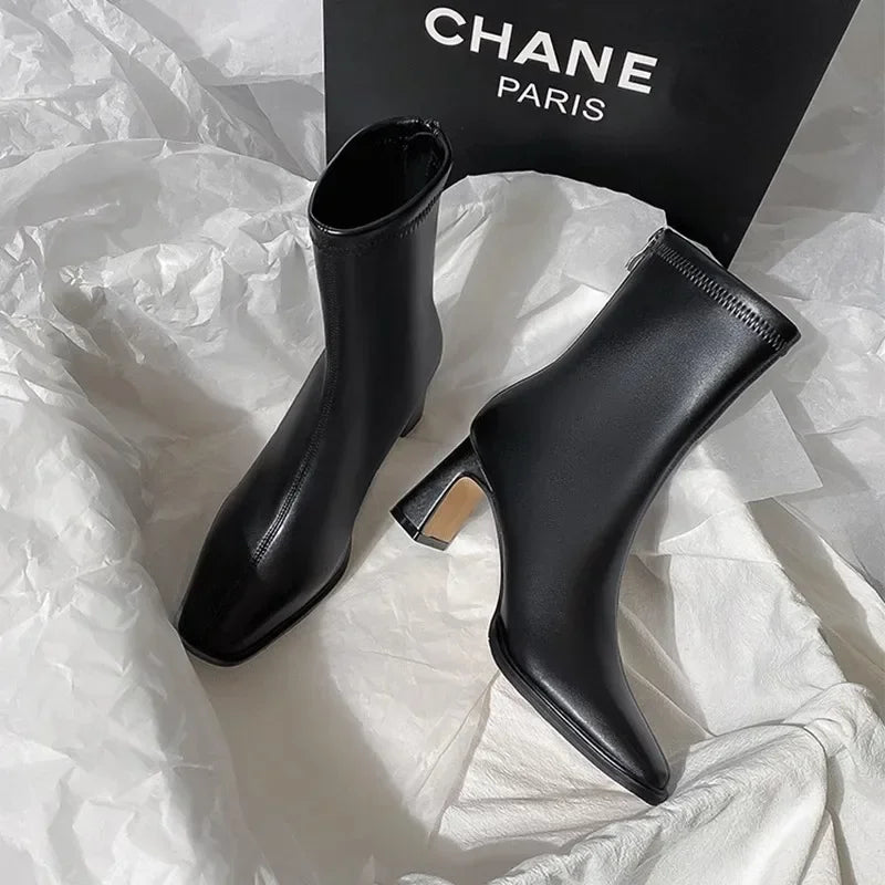 Women Ankle Boots Square Toe Thick Heel Warm Cotton Winter Short Booties