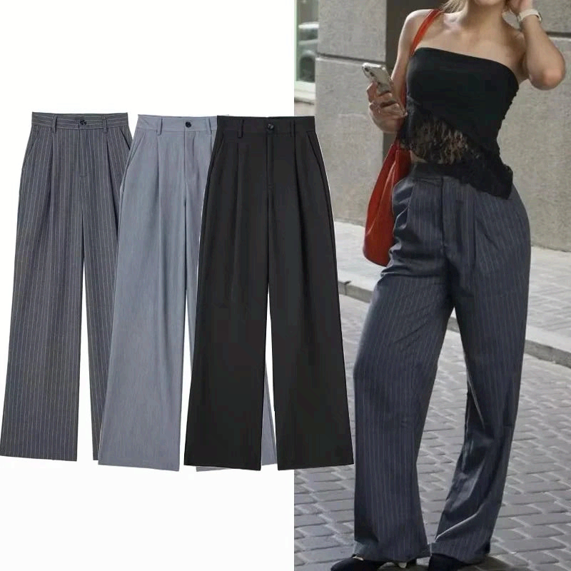 Women High Waist Striped Wide Leg Suit Pants Office Casual Trousers