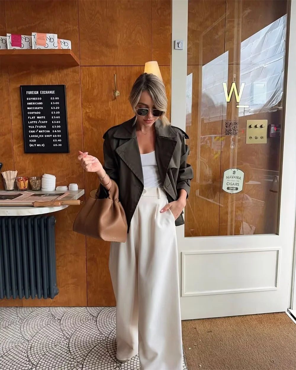 Women Cropped Trench Coat Vintage Double Breasted Long Sleeve Streetwear Jacket