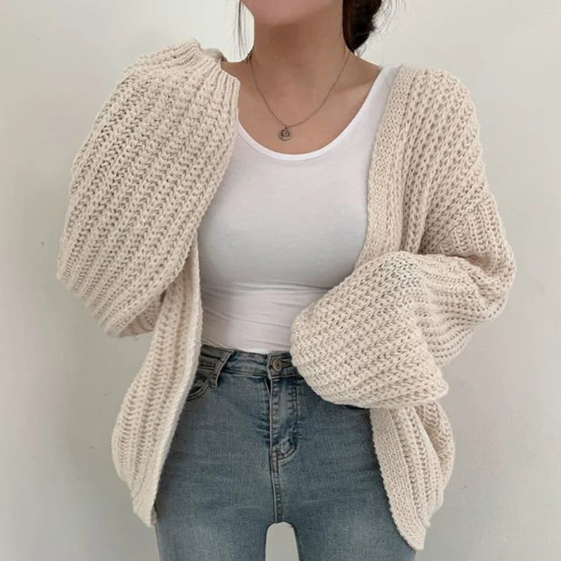 Women Lantern Sleeve Cardigan Y2K Knit Sweater