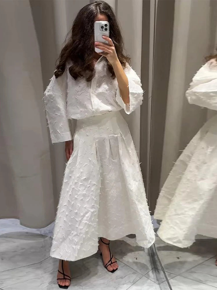 Women Pleated Skirt Set Long Sleeve Shirt and Maxi Skirt Outfit