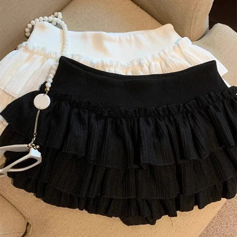 Women Ruffle Mini Skirt Elastic Waist Puffy Cake Style Korean Casual Skirt