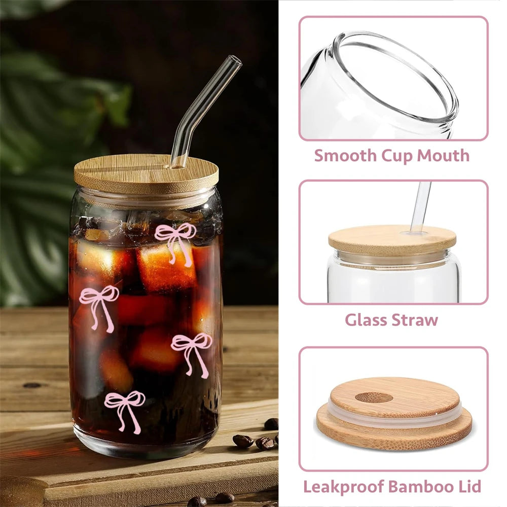 Pink Bow Glass Tumbler with Lid and Straw 500ml