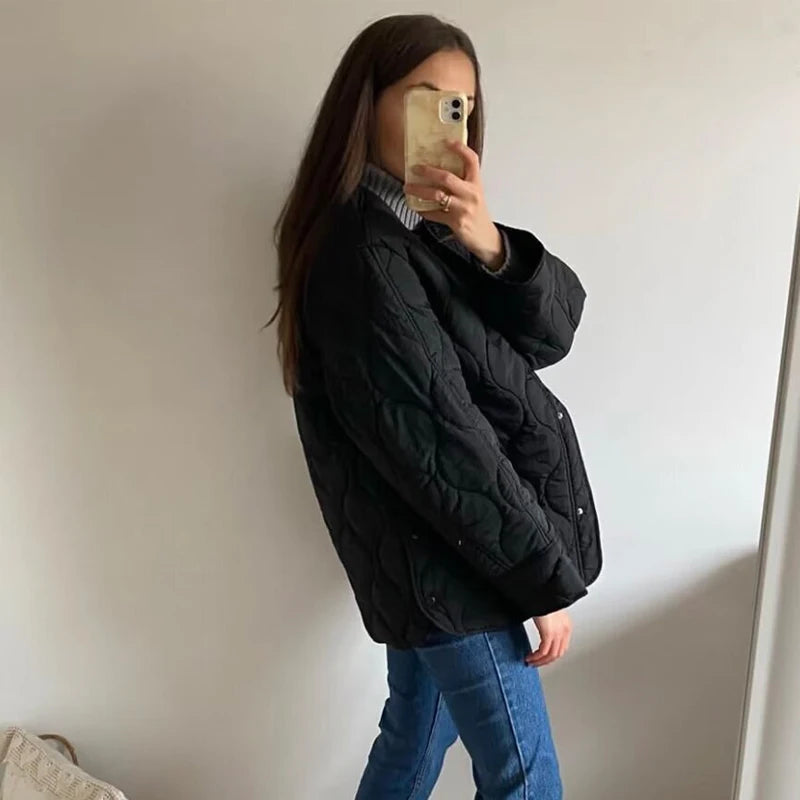 Women Black Quilted Padded Jacket Long Sleeve Winter Coat