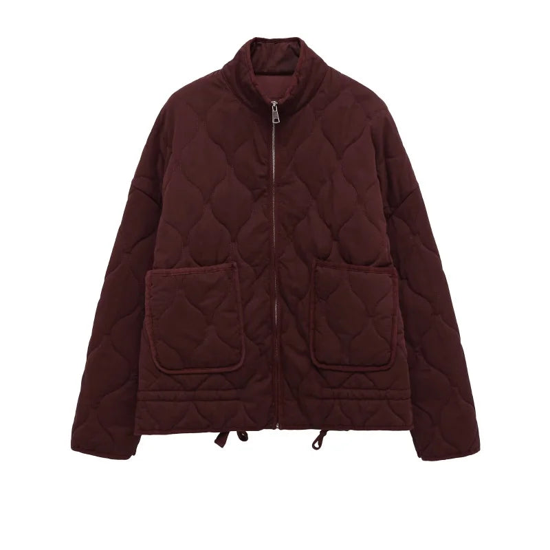 Women Quilted Padded Jacket High Collar Large Pocket Vintage Winter Coat