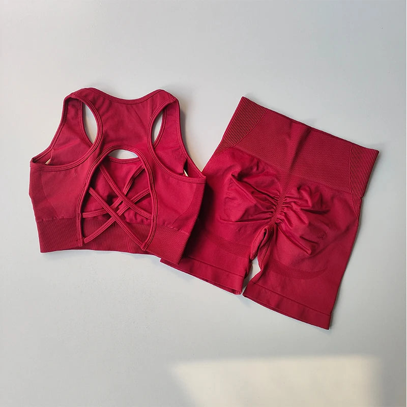 Seamless Yoga Set Women Bra Shorts High Waist Scrunch Butt Gym Outfit Fitness Set