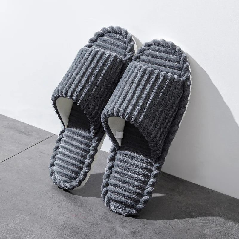 Corduroy Open Toe Slippers Unisex Cozy Indoor Home Slides Soft Anti-Slip Minimalist Shoes