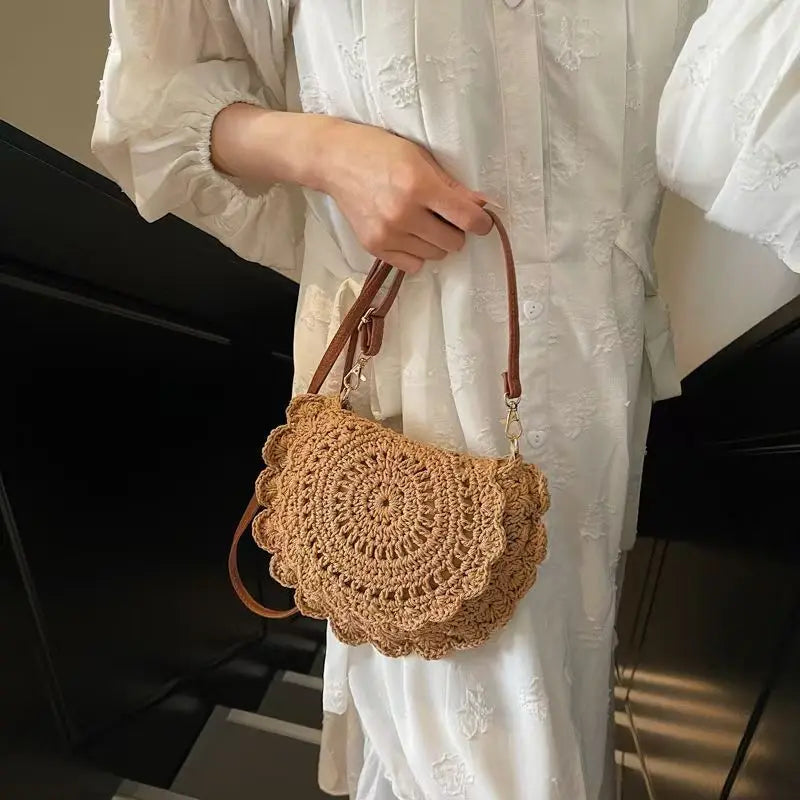 Woven Crossbody Bag for Women Vintage Floral Beach Shoulder Bag