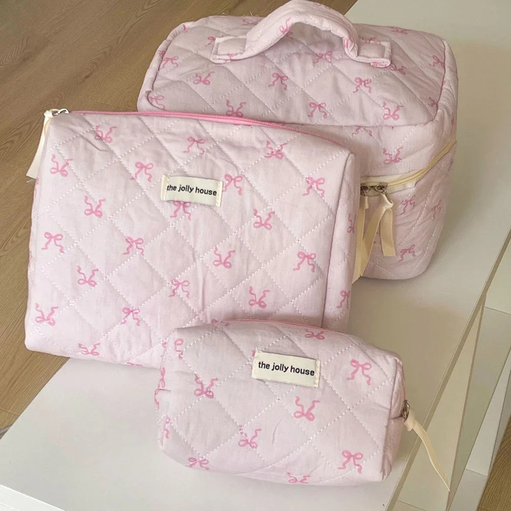 Pink Strawberry Quilted Cosmetic Travel Makeup Storage Bag