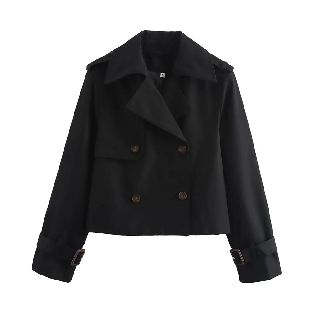 Women Cropped Trench Coat Vintage Double Breasted Long Sleeve Streetwear Jacket