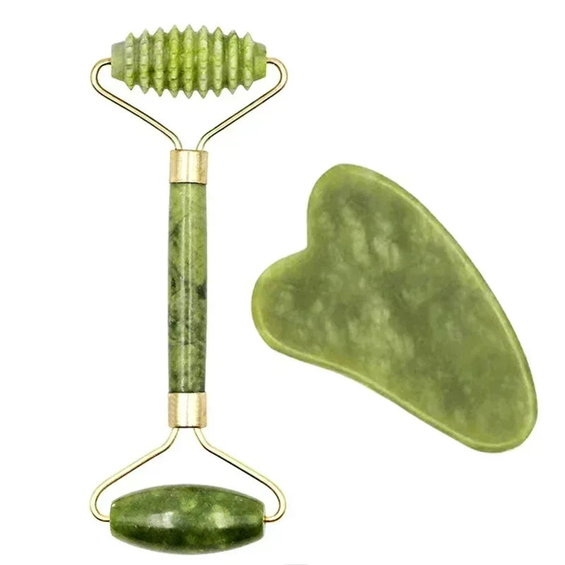 Natural Jade Roller Gua Sha Face Neck Massager Stone Spa Lifting Tool Set