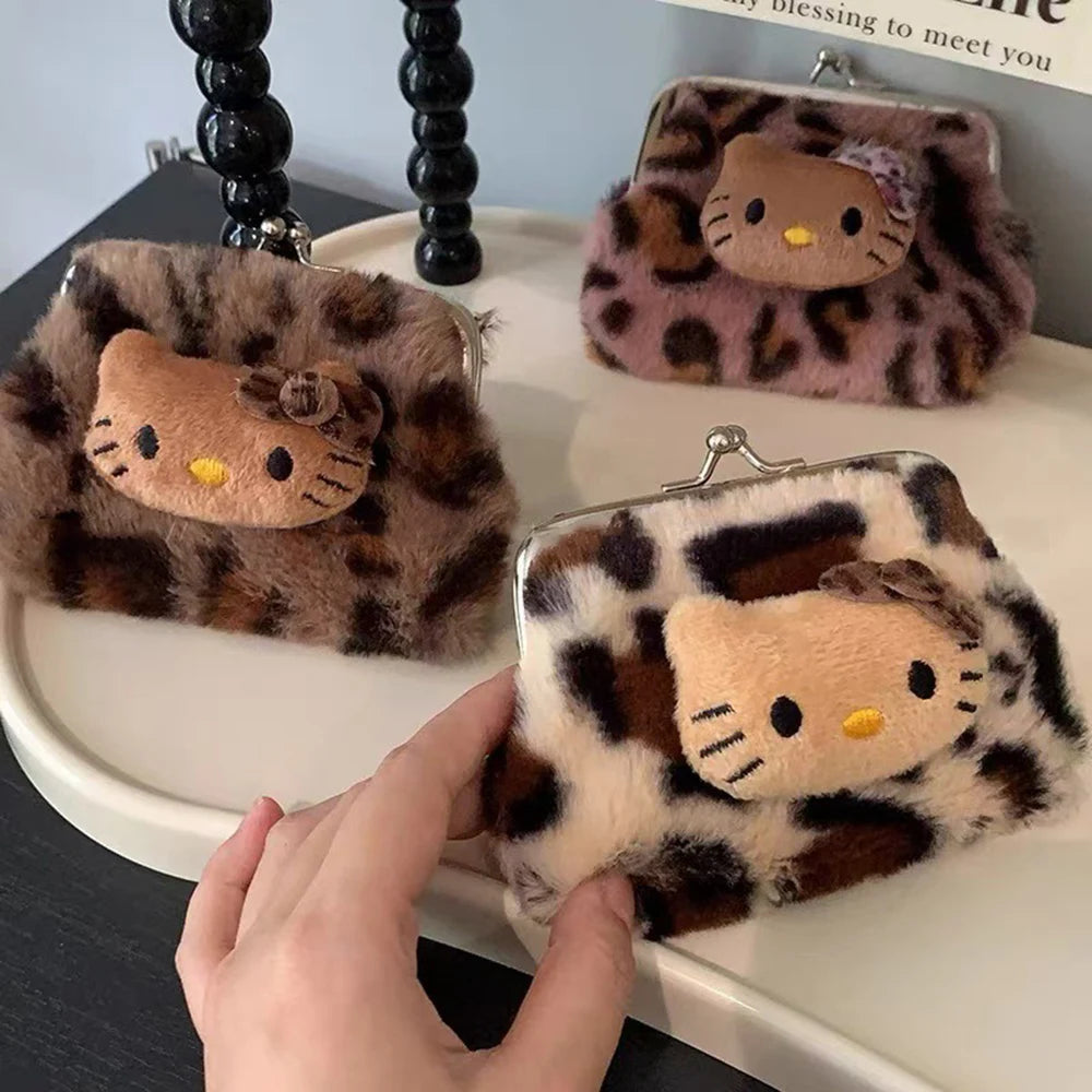 Kitty Leopard Print Plush Coin Purse Mini Makeup Storage Bag