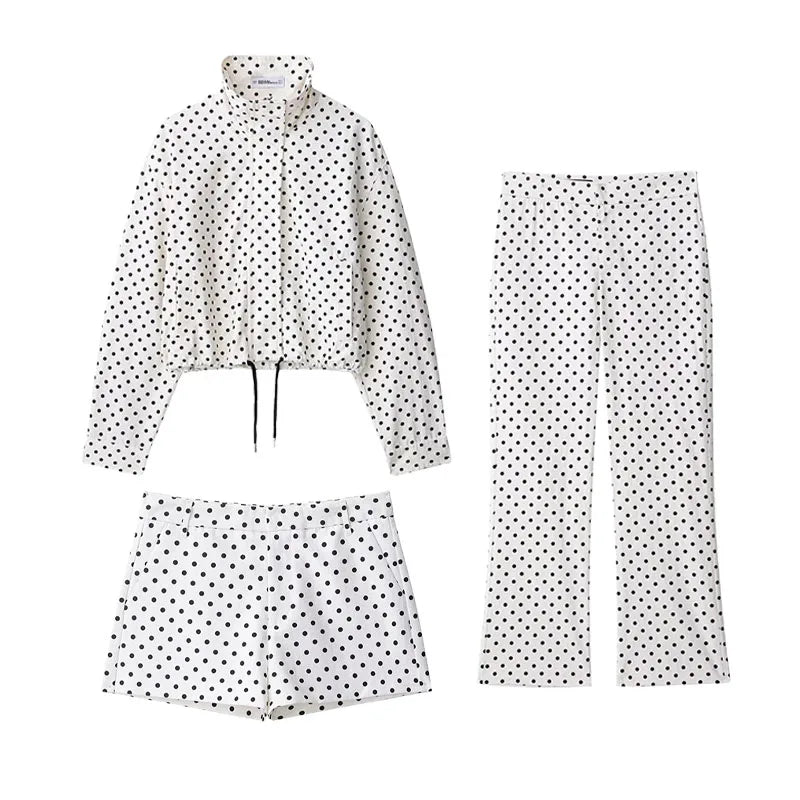 Women Polka Dot Jacket Turtleneck Long Sleeve Casual Coat with Zipper and Pockets