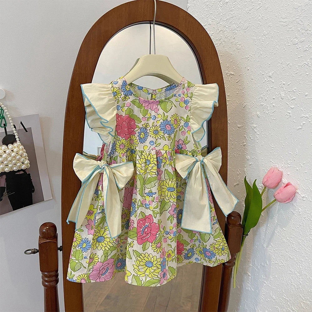 Girls Rose Pink Plaid Bow Midi Dress Princess Party Sundress
