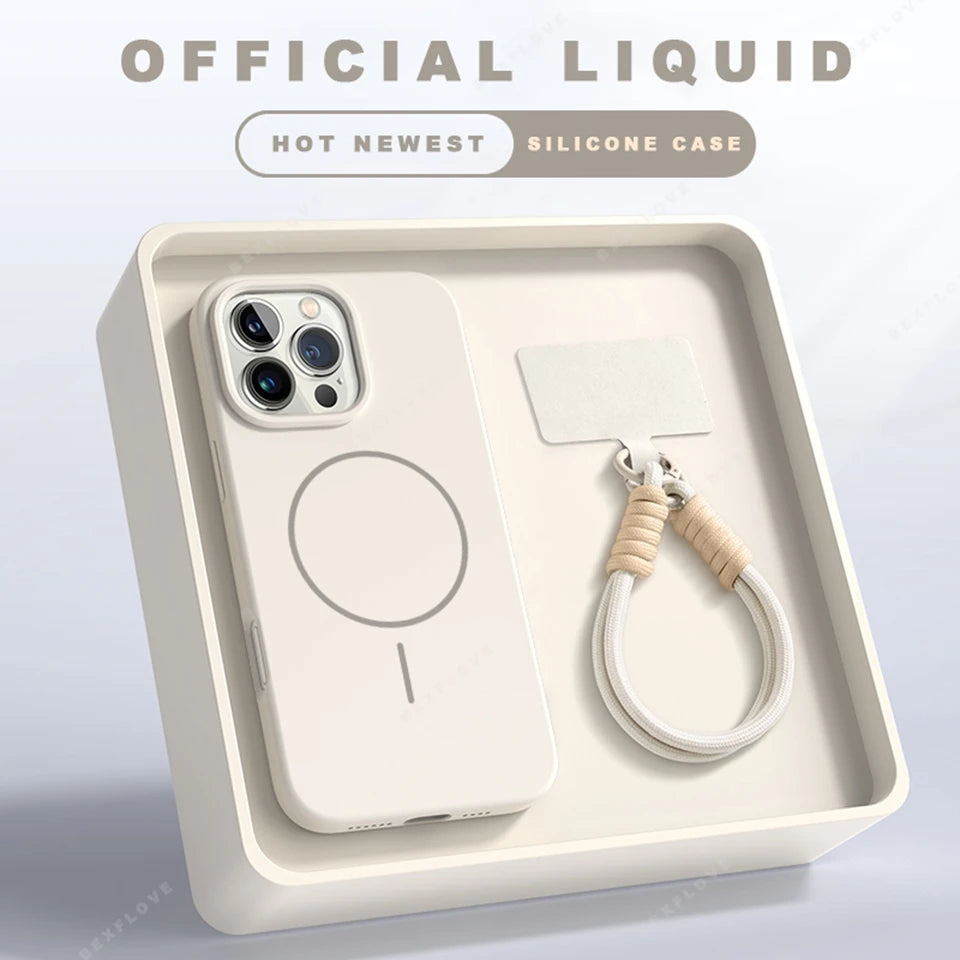 Magnetic Phone Case with Lanyard for iPhone 11–16 Pro Max Silicone MagSafe Strap Shockproof Protective Cover