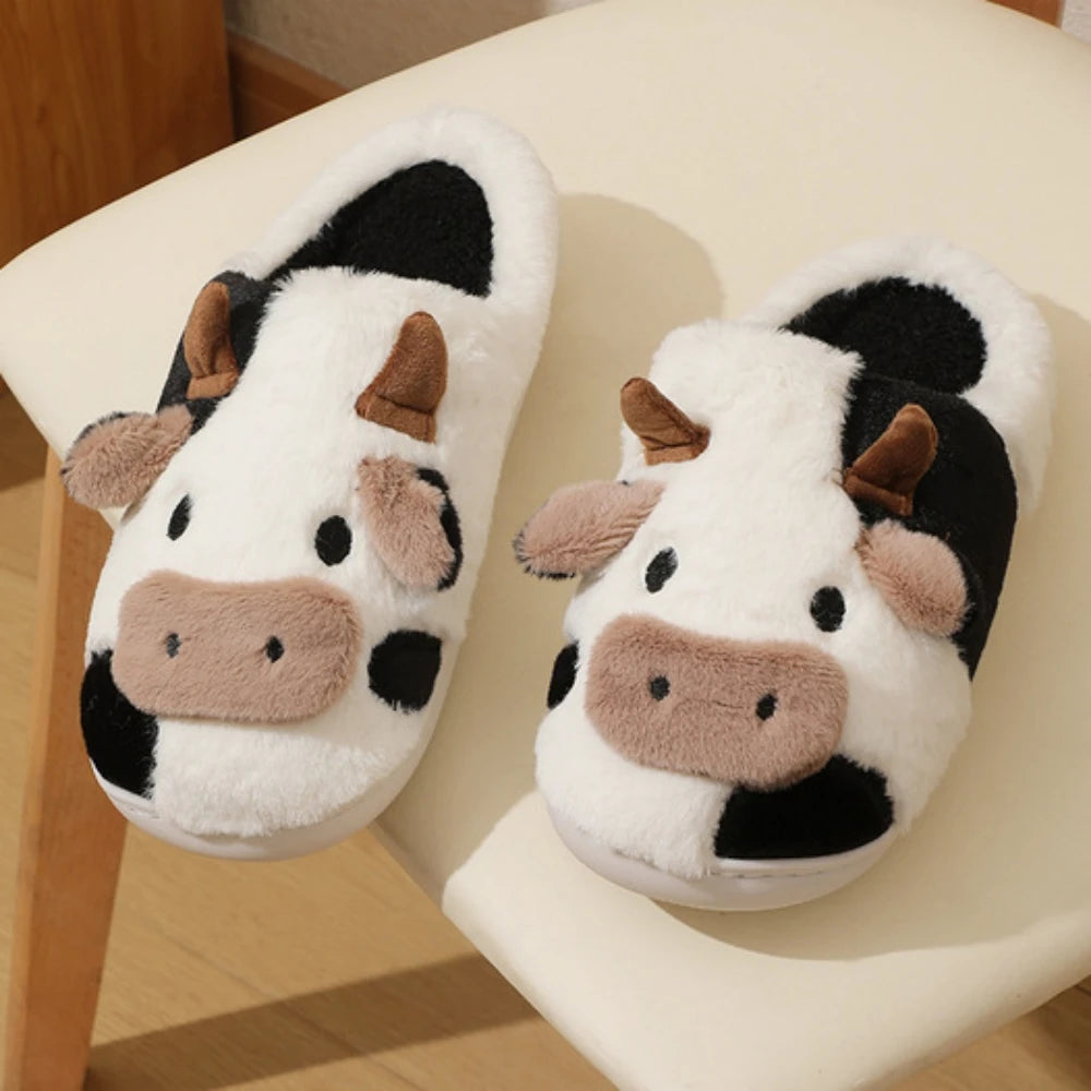 Cute Cow Slippers Plush Indoor Warm Cartoon Animal Home Shoes for Couples