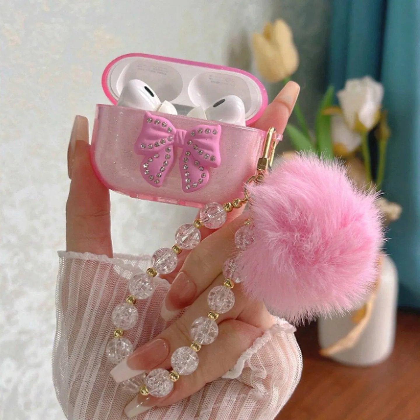 AirPods 1/2/3/4/Pro/Pro 2 Cute Glitter Bow Case with Fur Ball Keychain Protective Cover
