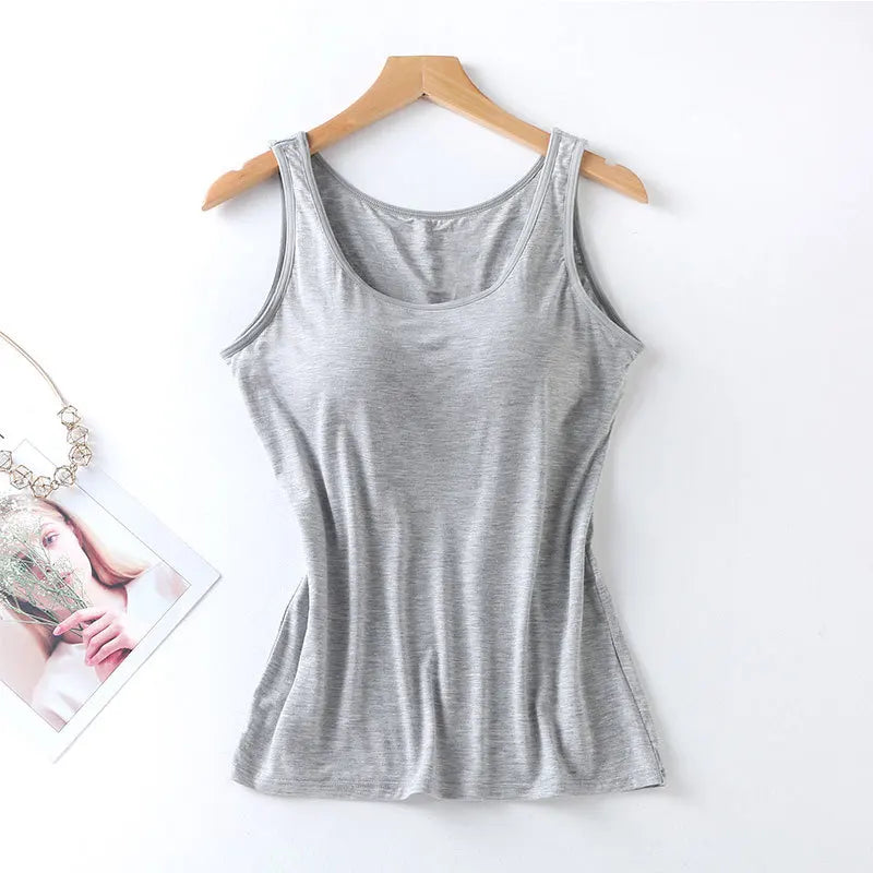 Women’s Padded Tank Top with Built In Bra Slim Fit Solid Color Vest