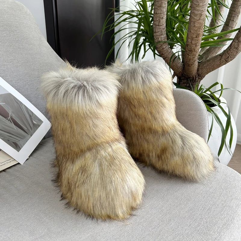 Women Fur Snow Boots Warm Mid Calf Winter Shoes