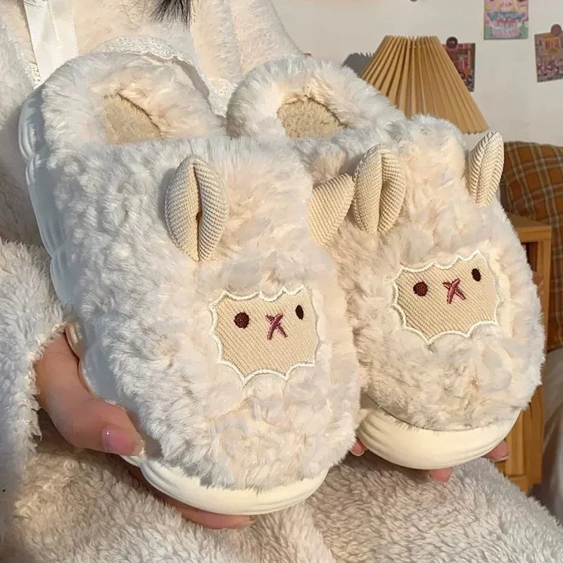 Winter Cartoon Plush Slippers Faux Fur Sheep Design Warm Indoor Couple Home Shoes