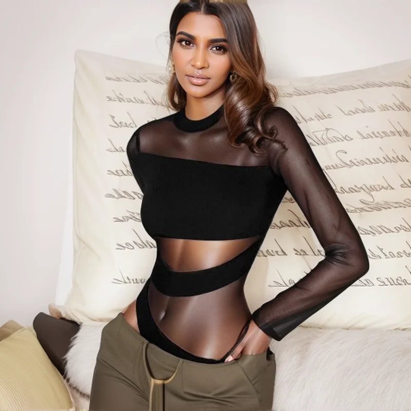 Women Mesh Jumpsuit Long Sleeve Cut Out O Neck Slim Fit Clubwear Bodysuit