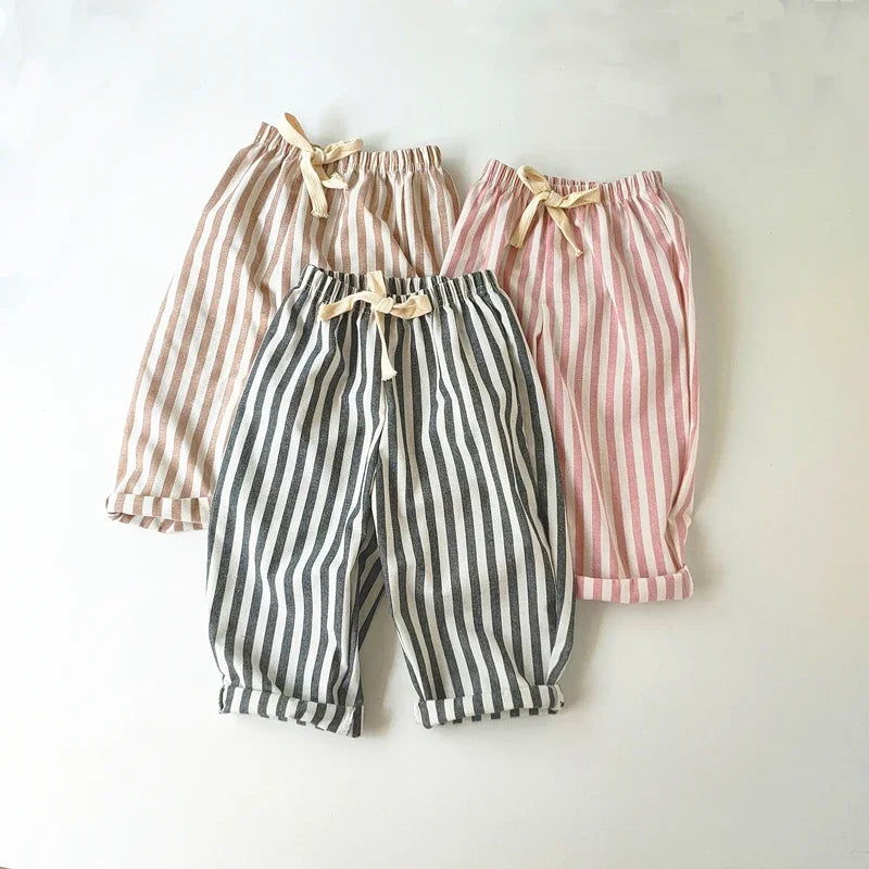 Kids Striped Linen Cotton Pants Vintage Loose Harem Trousers for Boys & Girls