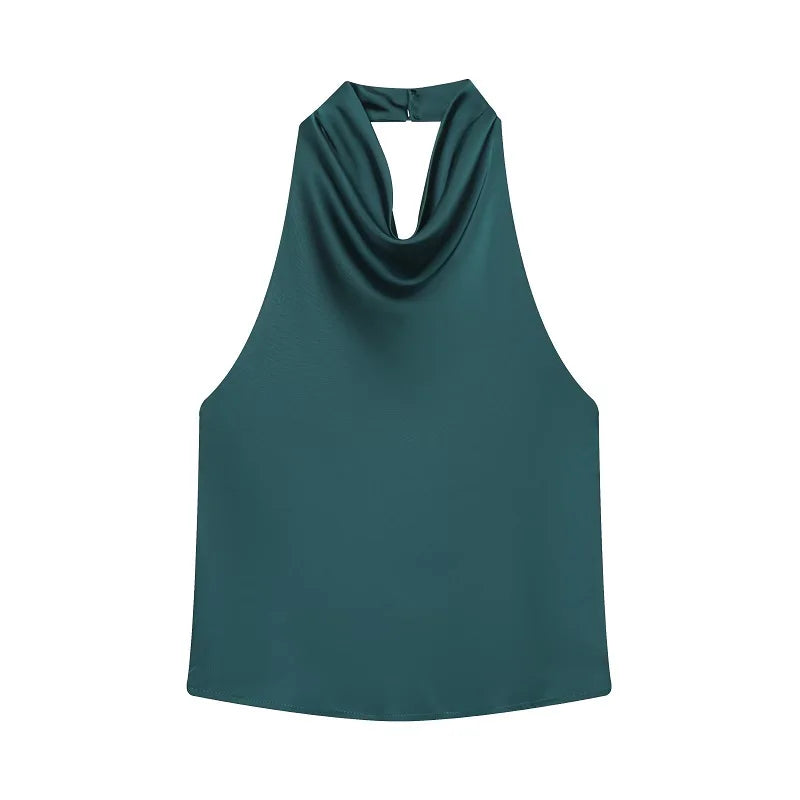 Women Satin Halter Backless Top Summer Beach Camisole Crop Top