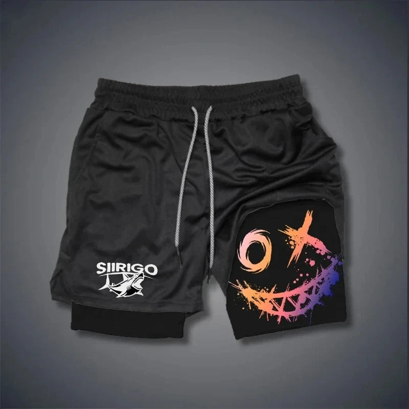 Men 2-in-1 Smiley Print Running Shorts Quick Dry Double Layer Fitness Training Sports Shorts