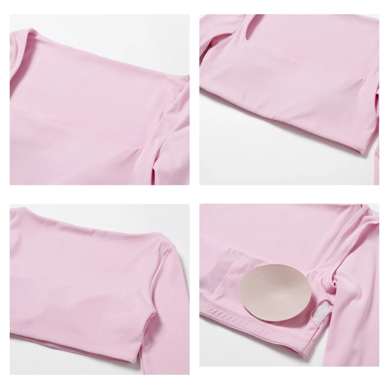 Women Square Neck Long Sleeve Crop Top Quick Dry Yoga Fitness Shirt