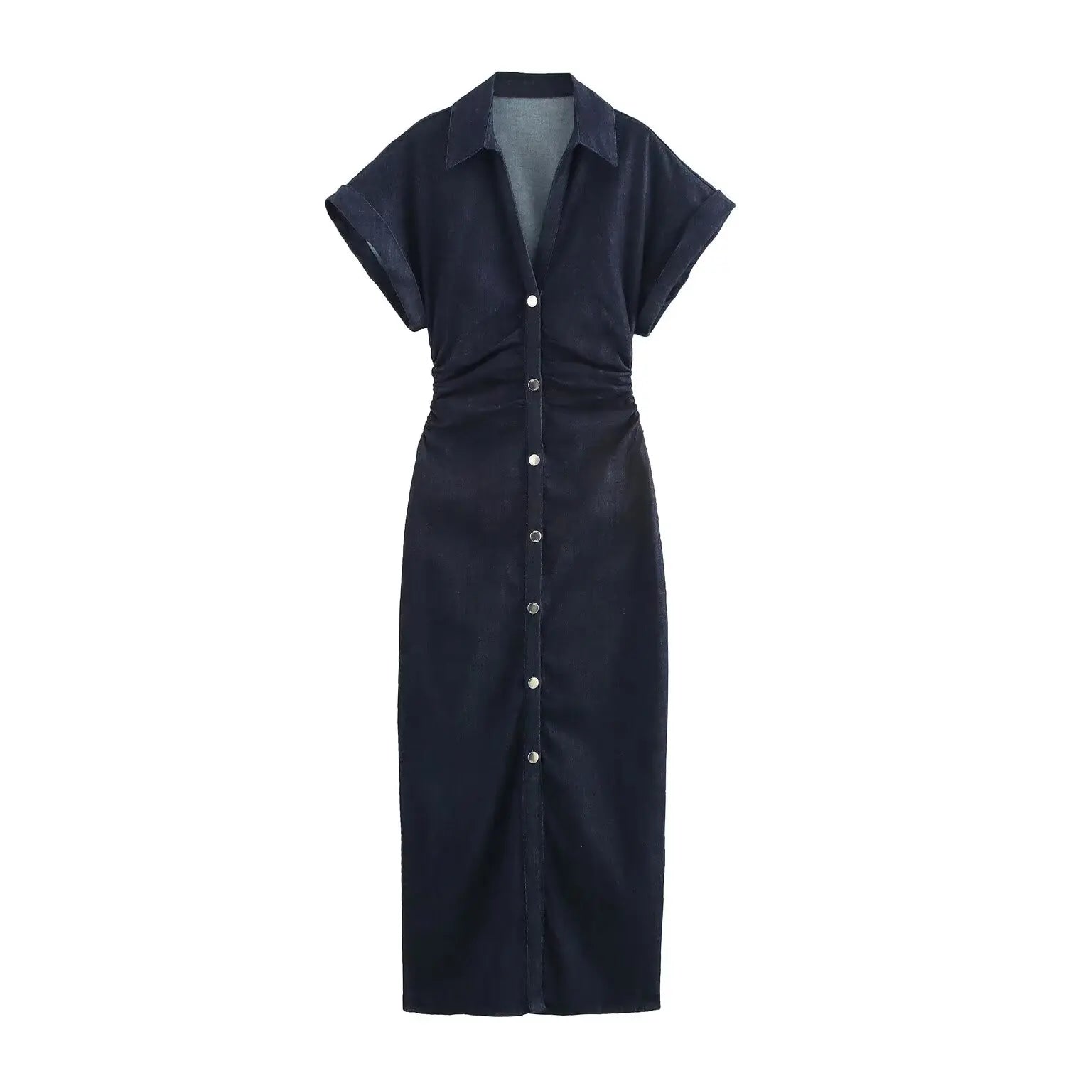 Women Denim Midi Dress Lapel Slim Fit Waist Belted Side Zipper Elegant Spring Dress