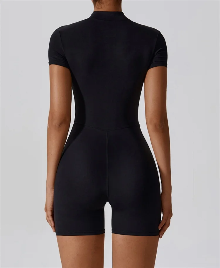 Women Seamless One Piece Gym Jumpsuit Short Sleeve Zip Fitness Bodysuit