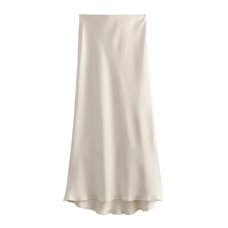 Women High Waist Satin Midi Skirt Elegant Office Summer Skirt