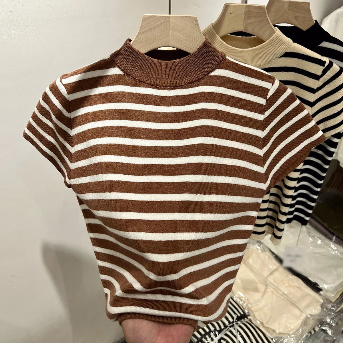 Women Half Turtleneck Striped Knit Top Slim Fit Short Sleeve Sweater
